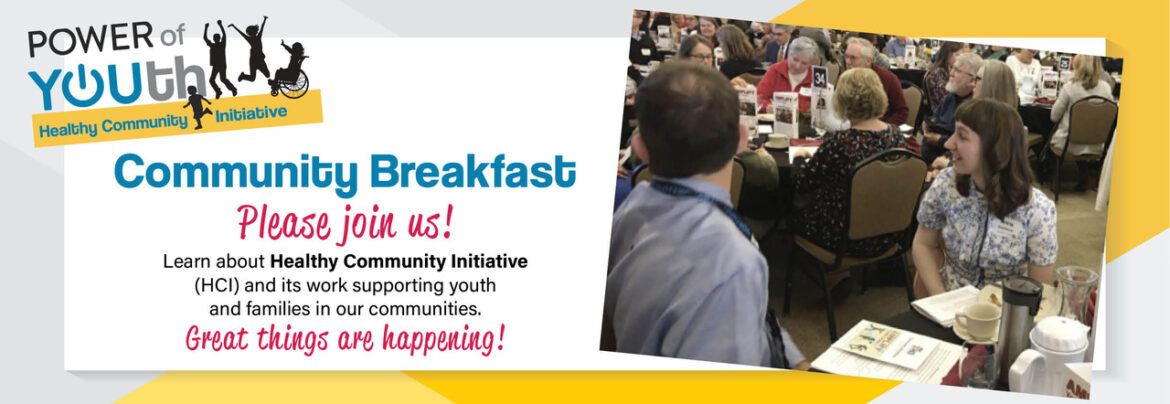 Image of previous Community Breakfast attendings and text requesting folks attend the 2023 breakfast
