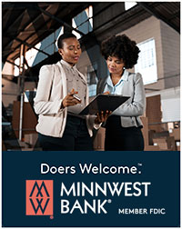 Minnwest Bank's logo depicting two business professionals discussing a project