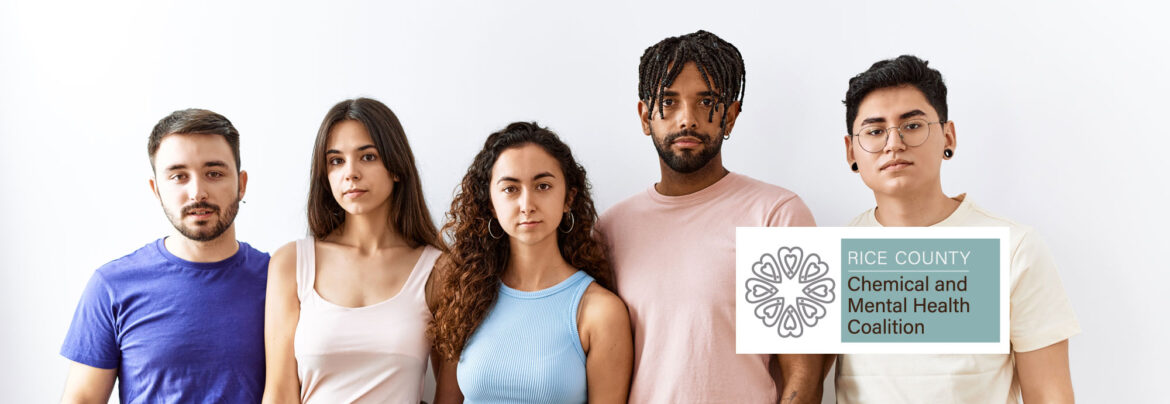 Photo of five high school aged students with serious expressions and the Rice County Chemical and Mental Health Coalition logo